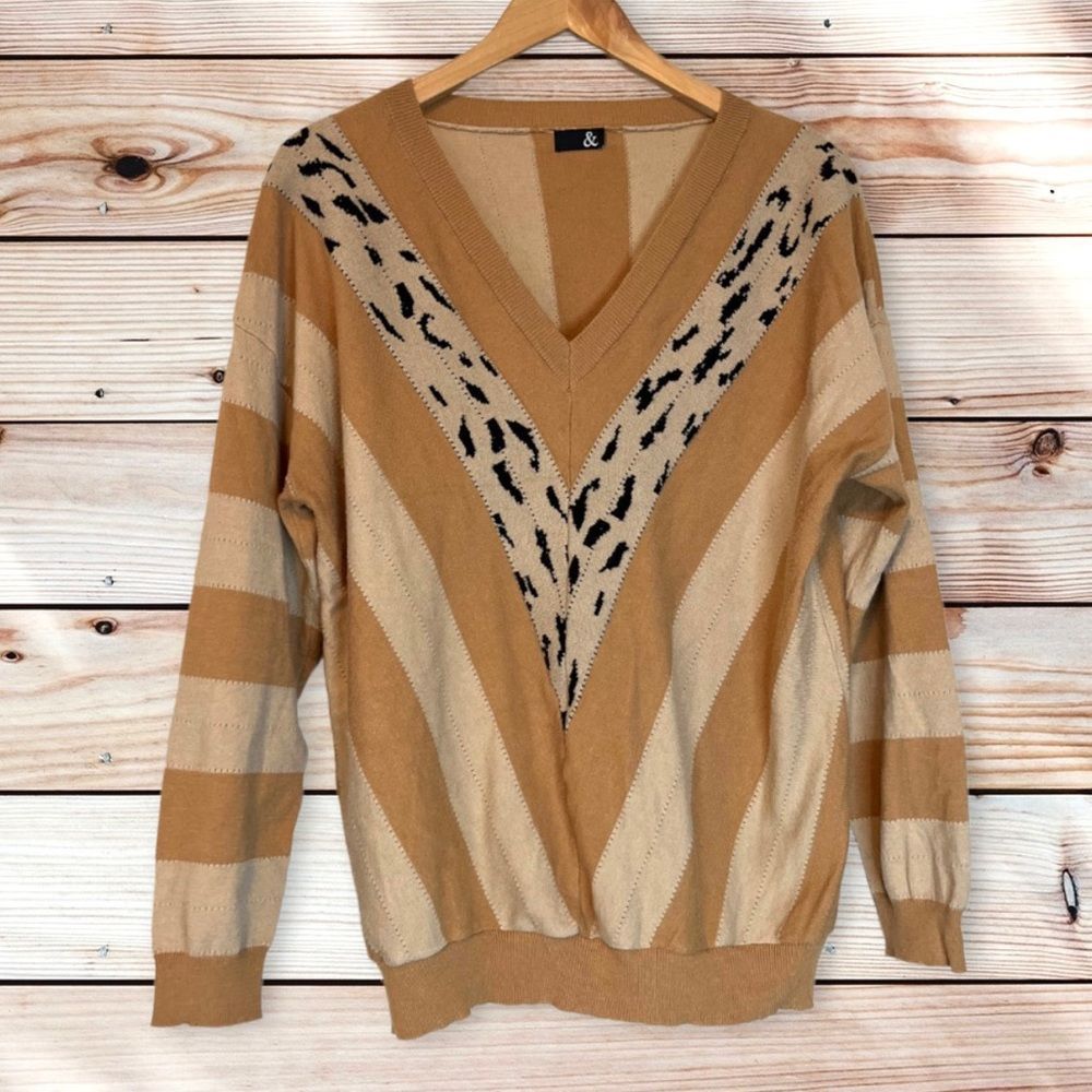 Boutique mix media leopard stripe pullover sweater